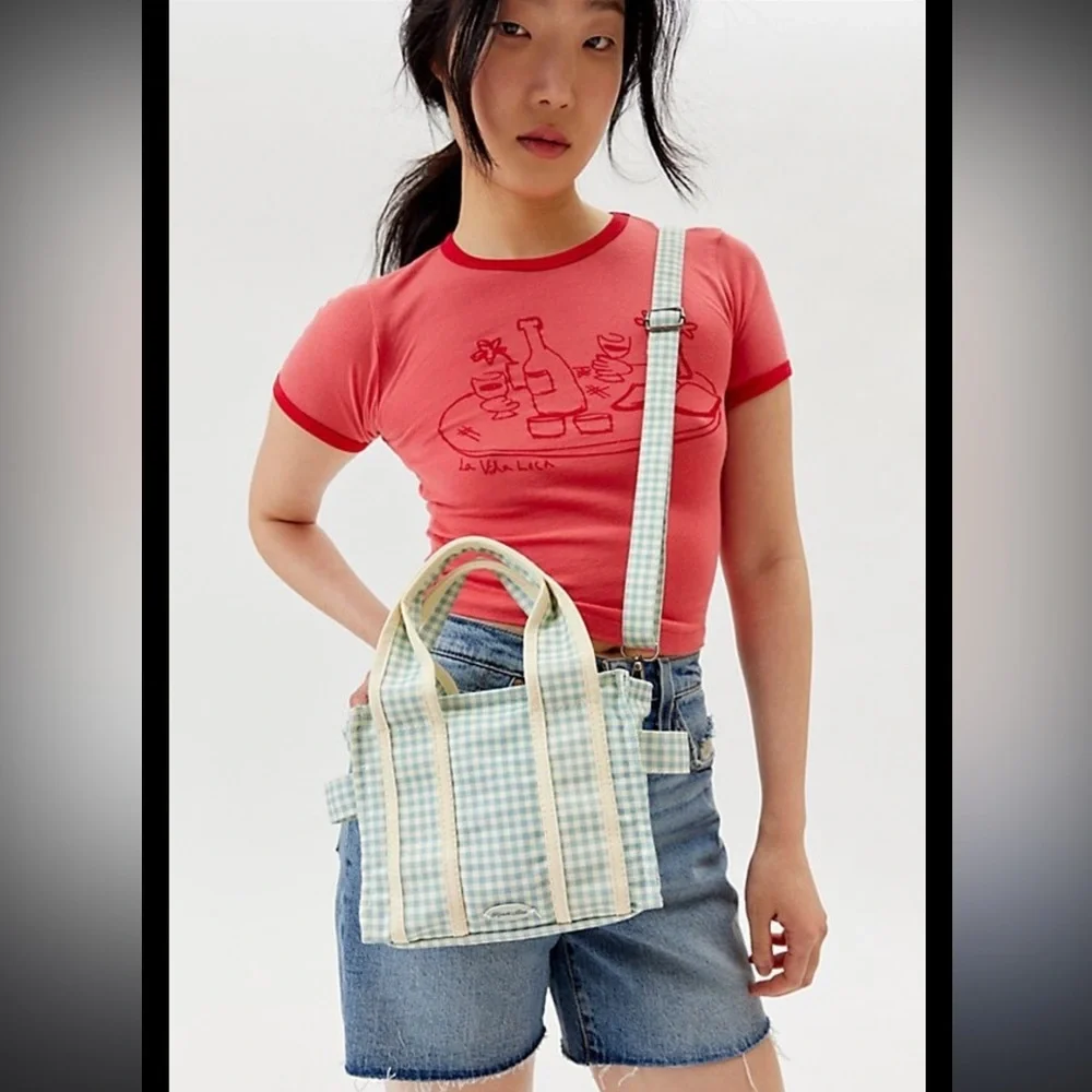 NWOT Kimchi Blue Serena Gingham Mini Tote Bag In Aqua - Picture 1 of 3